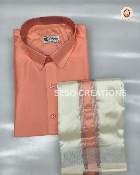 Premium Japan Silk Dhoti Set with color Border - peach