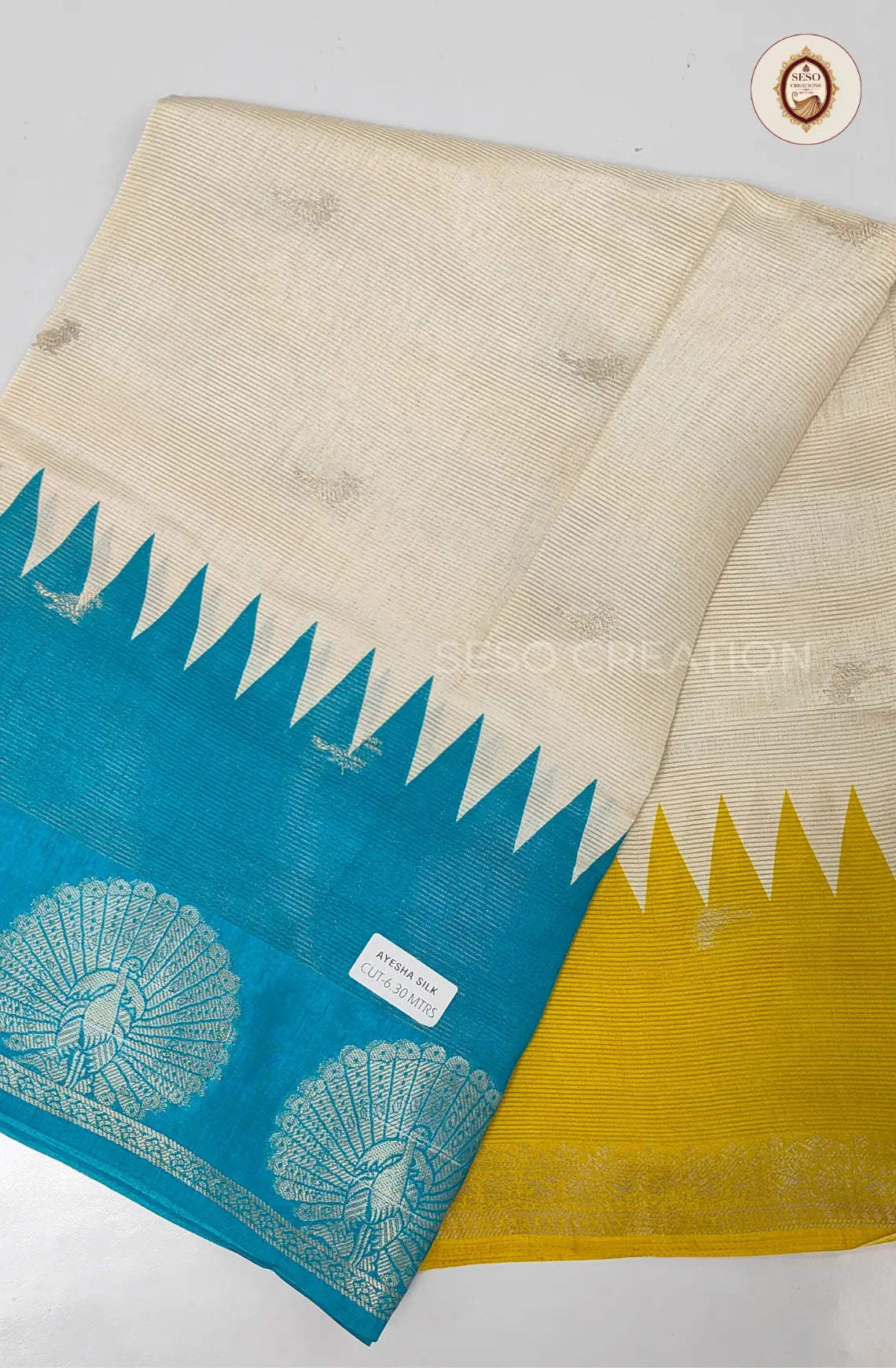 Aayeesha Soft Silk Saree - Off White with Sky Blue