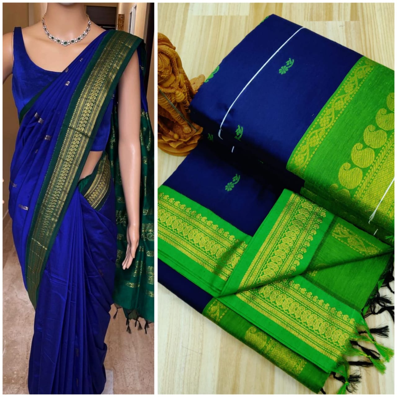 Kalayani Cotton- Royal Blue with leaf green border & pallu- Korvai Border