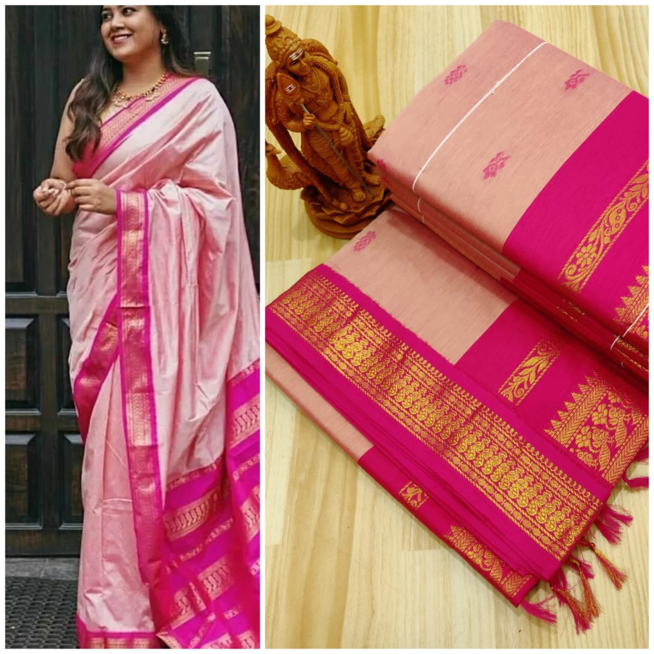 Kalyani Cotton- Baby Pink with Rani Pink border & pallu- Gold Zari- Korvai Border