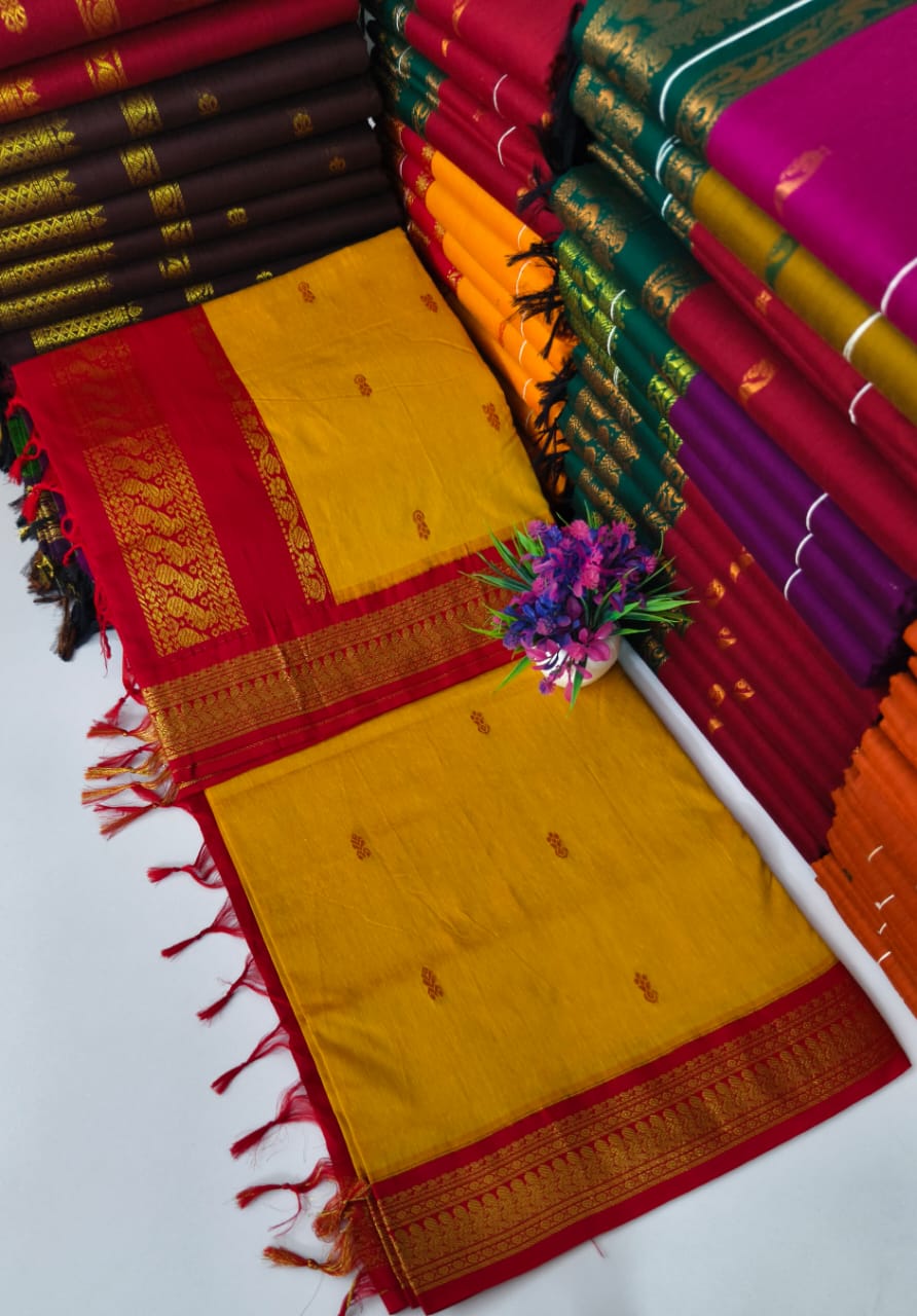 Kalyani Cotton- Mustard Yellow with Crimson Red border & pallu- Gold Zari- Korvai Border