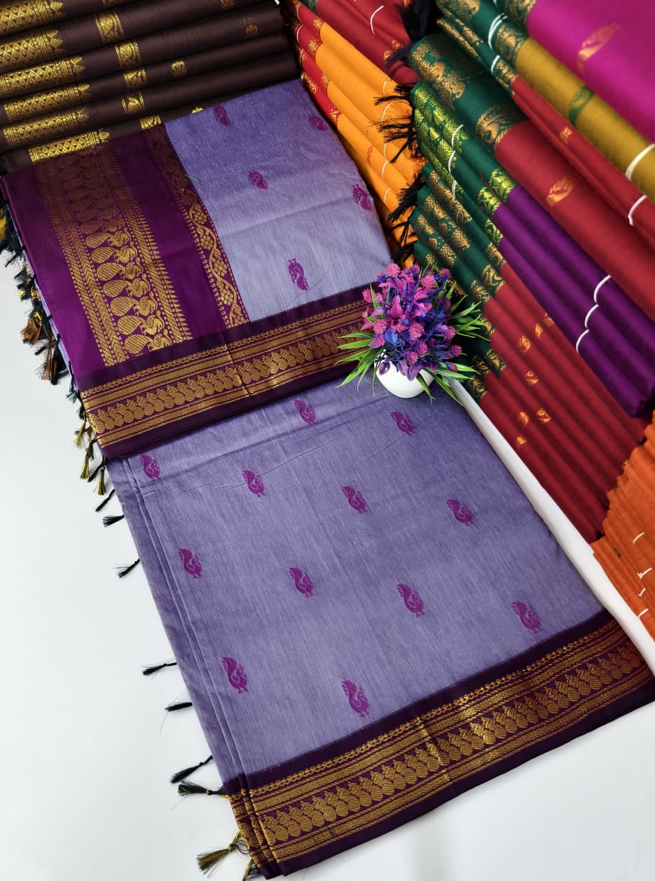 Kalyani Cotton – Lavender with Wine border & pallu – Gold Zari – Korvai Border