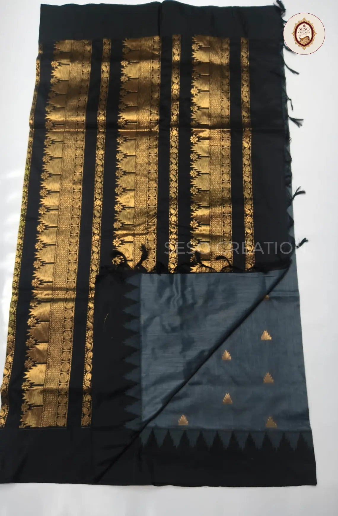 Premium Kalyani Cotton With Korvai Border - Steel Grey