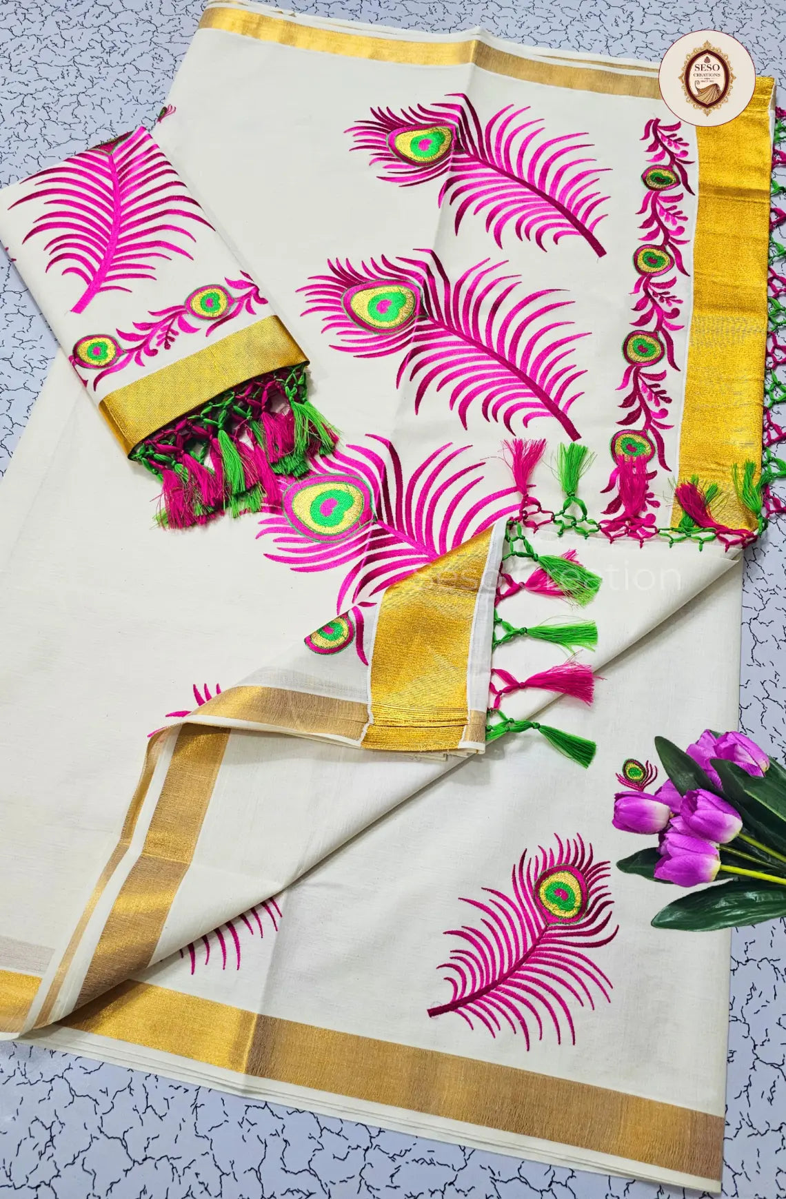 Kerala Cotton Feather Embroidered Saree - Off White