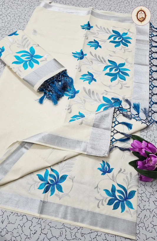 Kerala Cotton Floral Embroidered Saree - Off White
