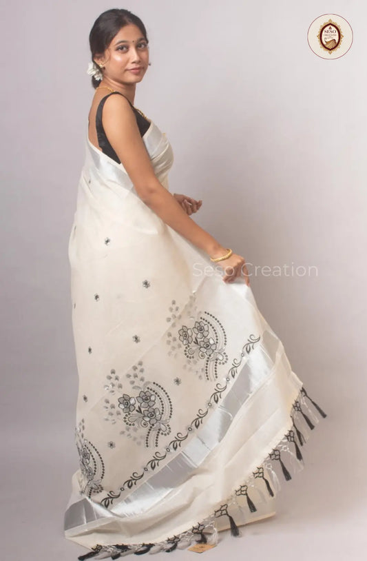Kerala Cotton Floral Embroidered Saree - Off White & Black