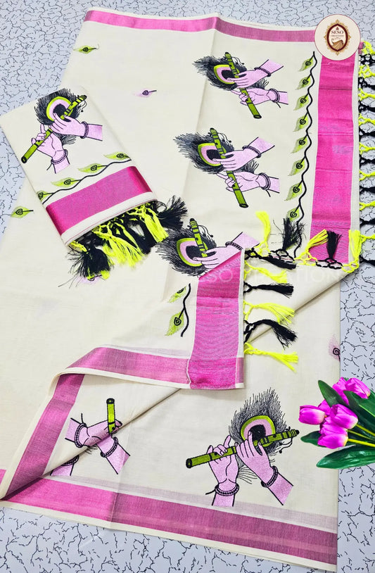 Kerala Cotton Flute Embroidered Saree - Off White