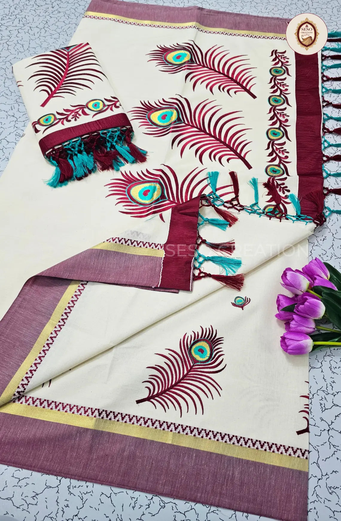 Kerala Cotton Peacock Feather Embroidered Saree - Off White