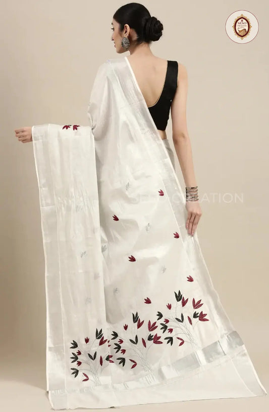 Kerala Special Tissue Saree with Embroidery - White