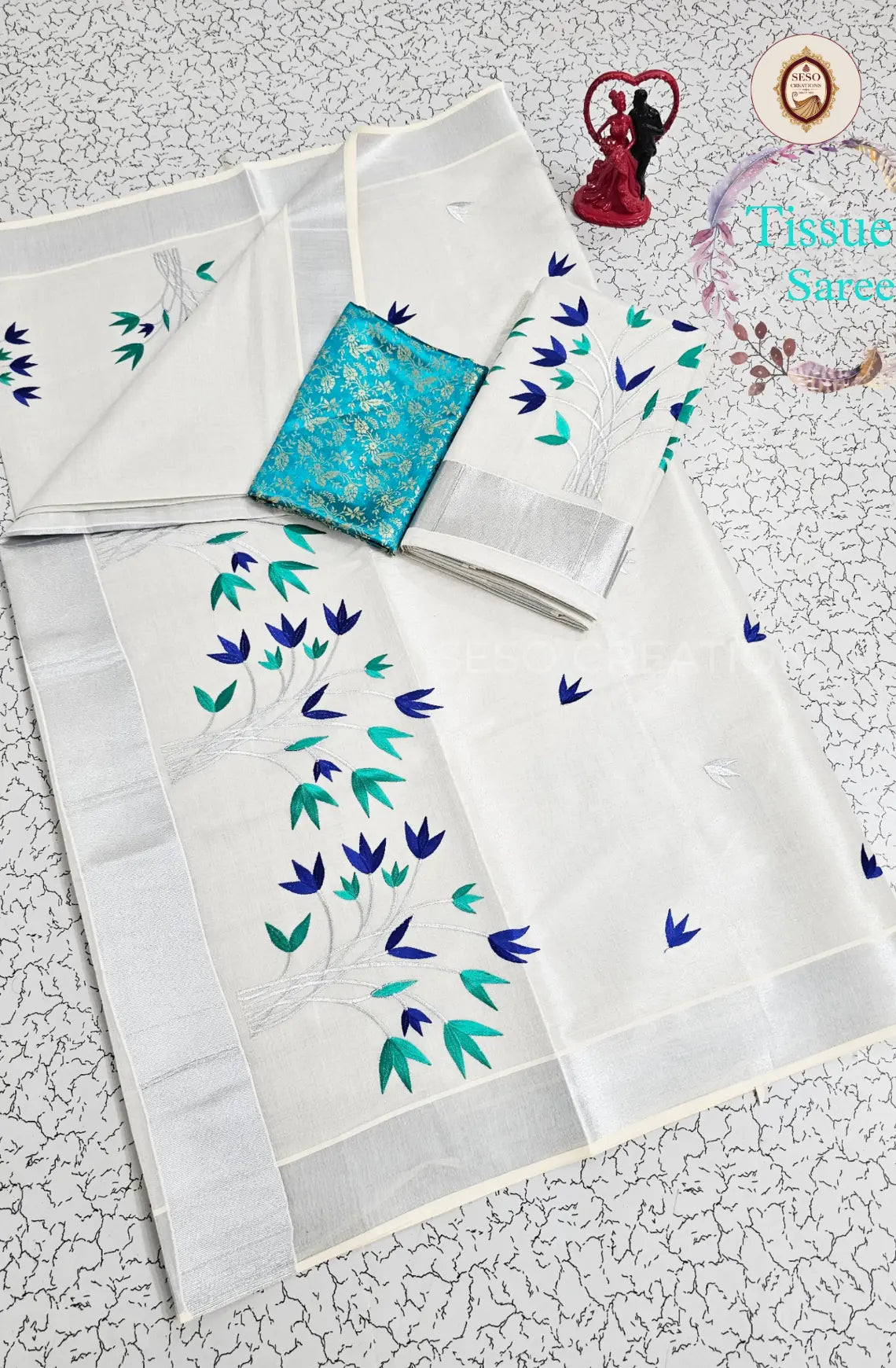Kerala Special Tissue Saree with Embroidery - White & Blue