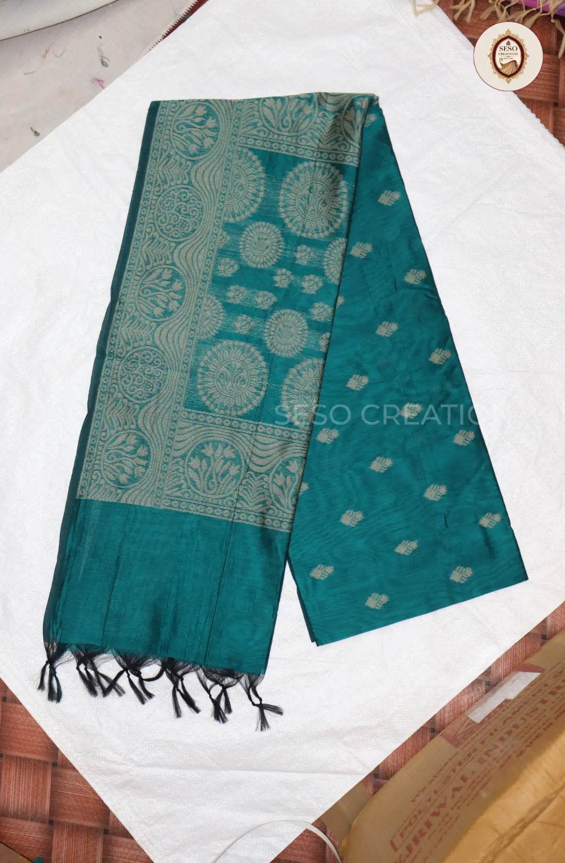 Kota Cotton Saree with Jute Butta Work - Black with Rexona