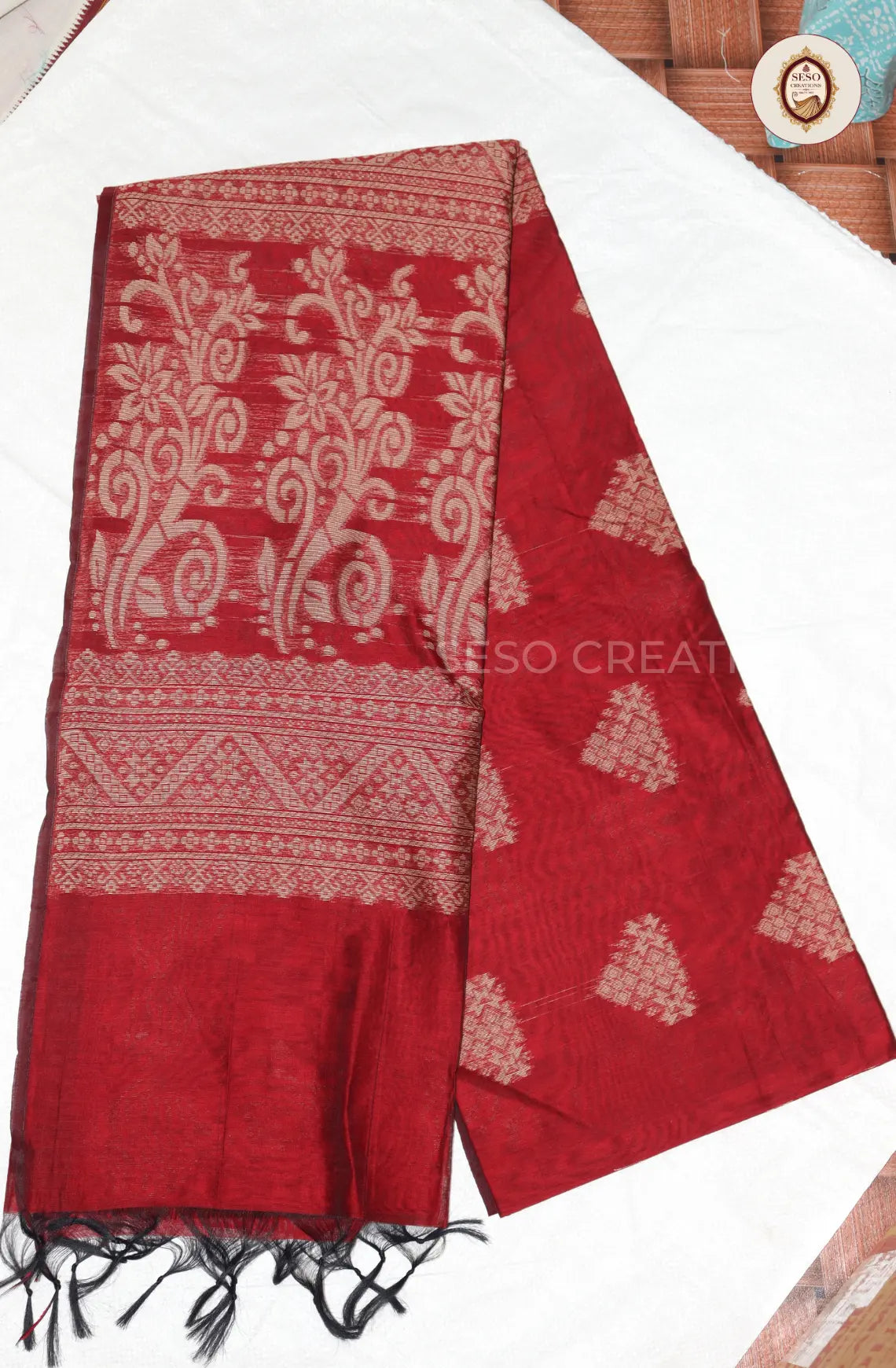 Kota Cotton Saree with Jute Butta Work - Red