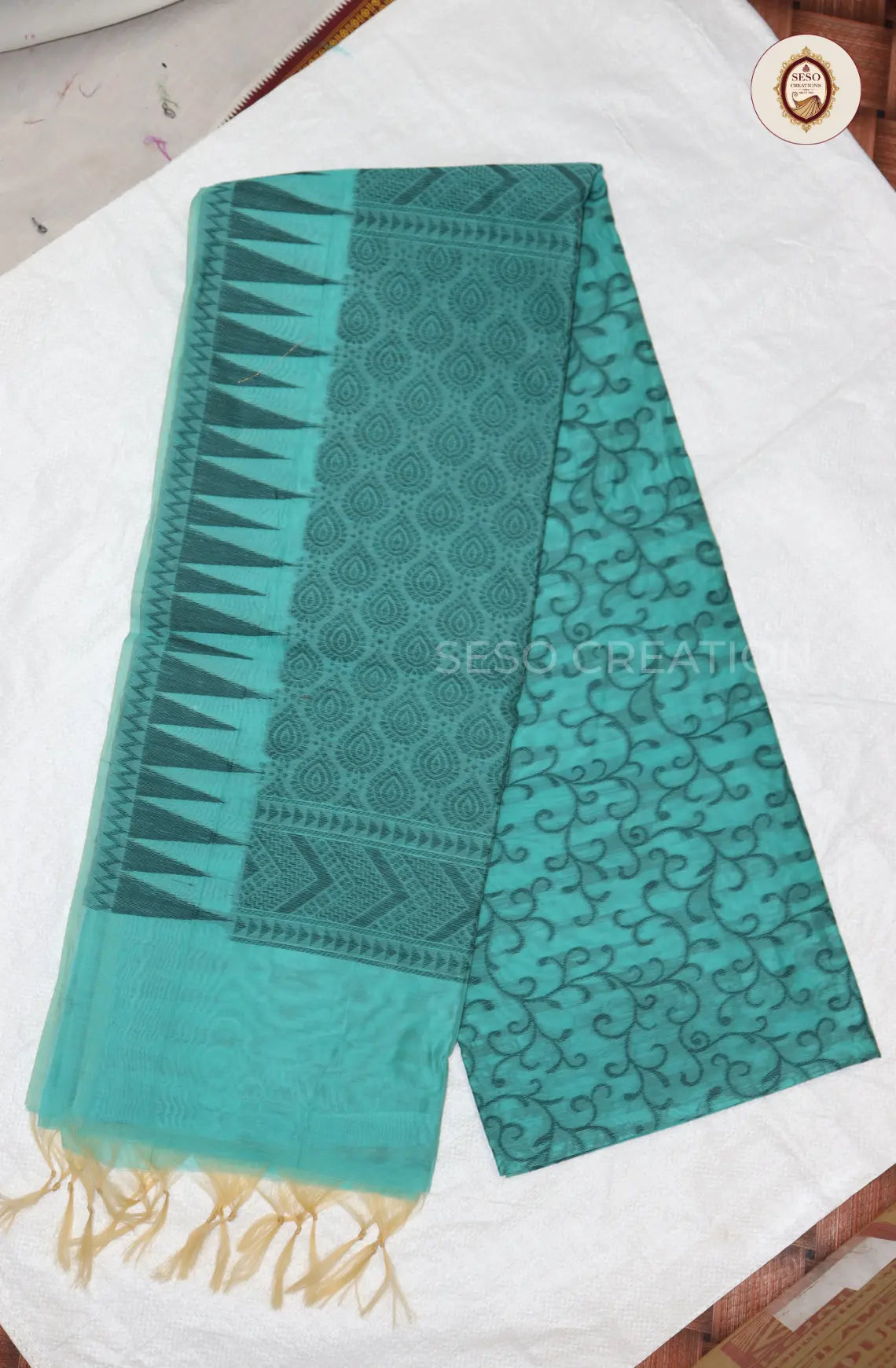 Kota Cotton Saree with Jute Butta Work - Tussar with Light Blue