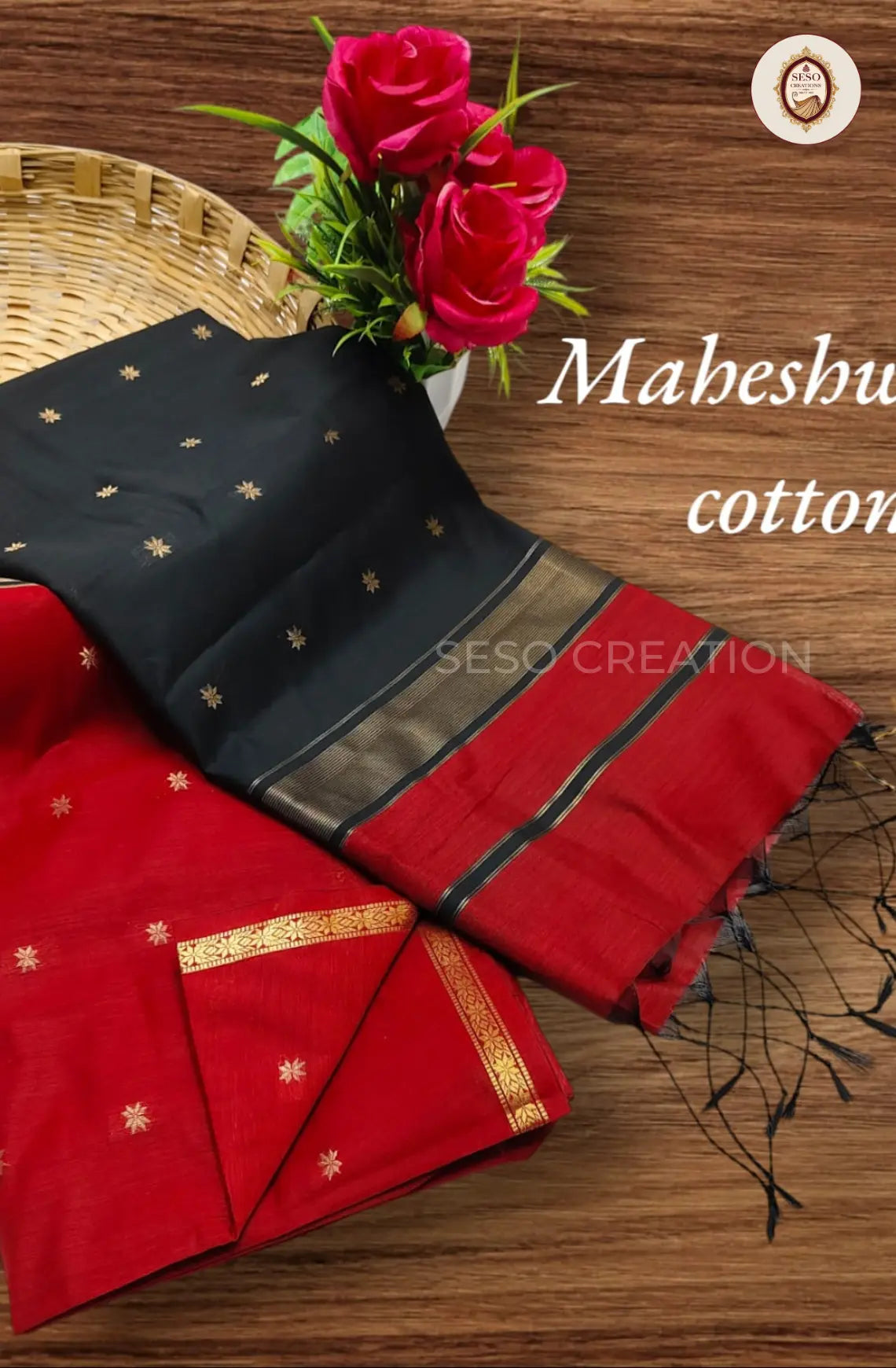 Maheshwari Cotton Saree with Butta Work - Black with Red Pallu