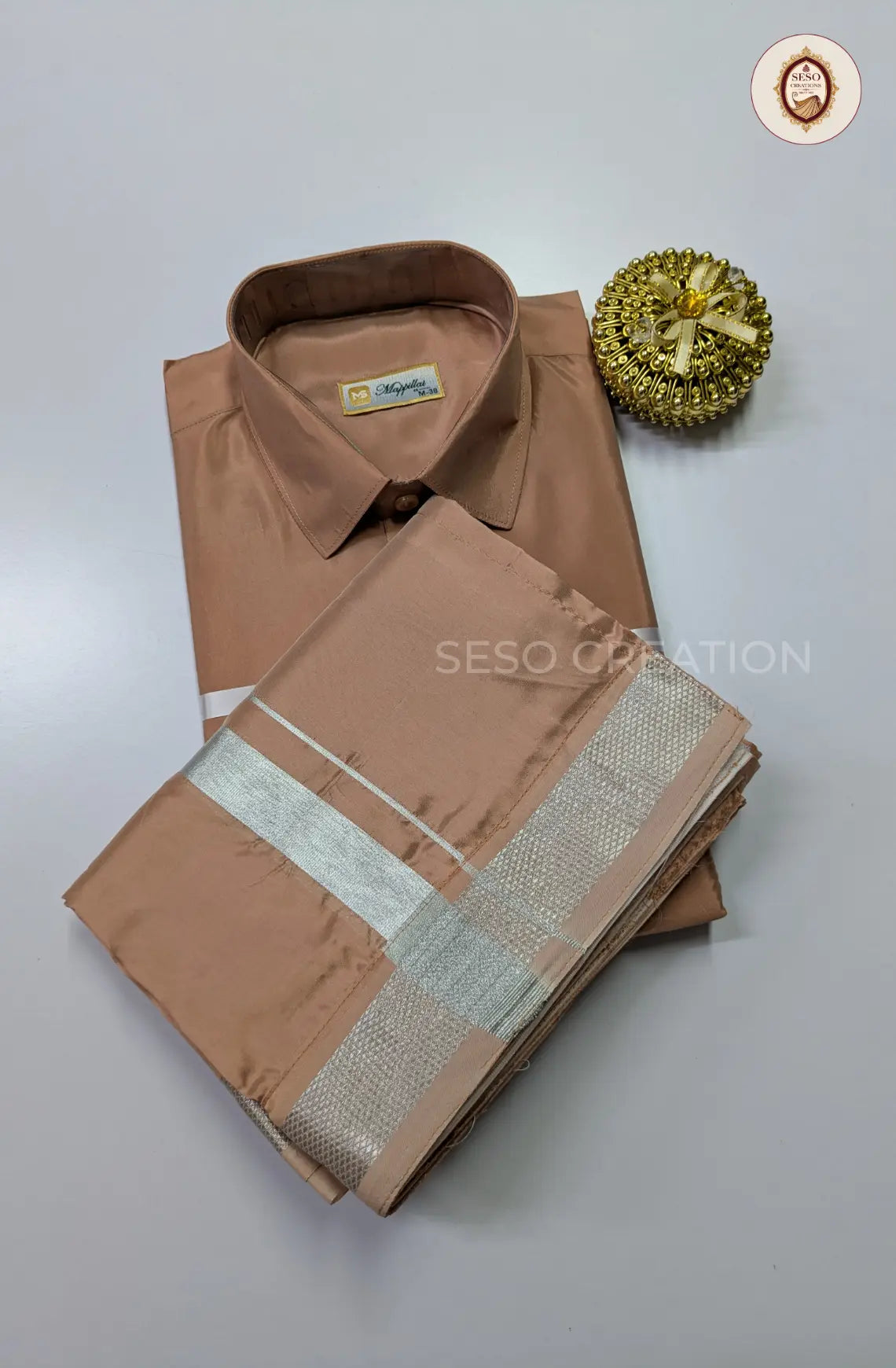 Premium Japan Silk Dhoti Set with Silver Zari - Copper