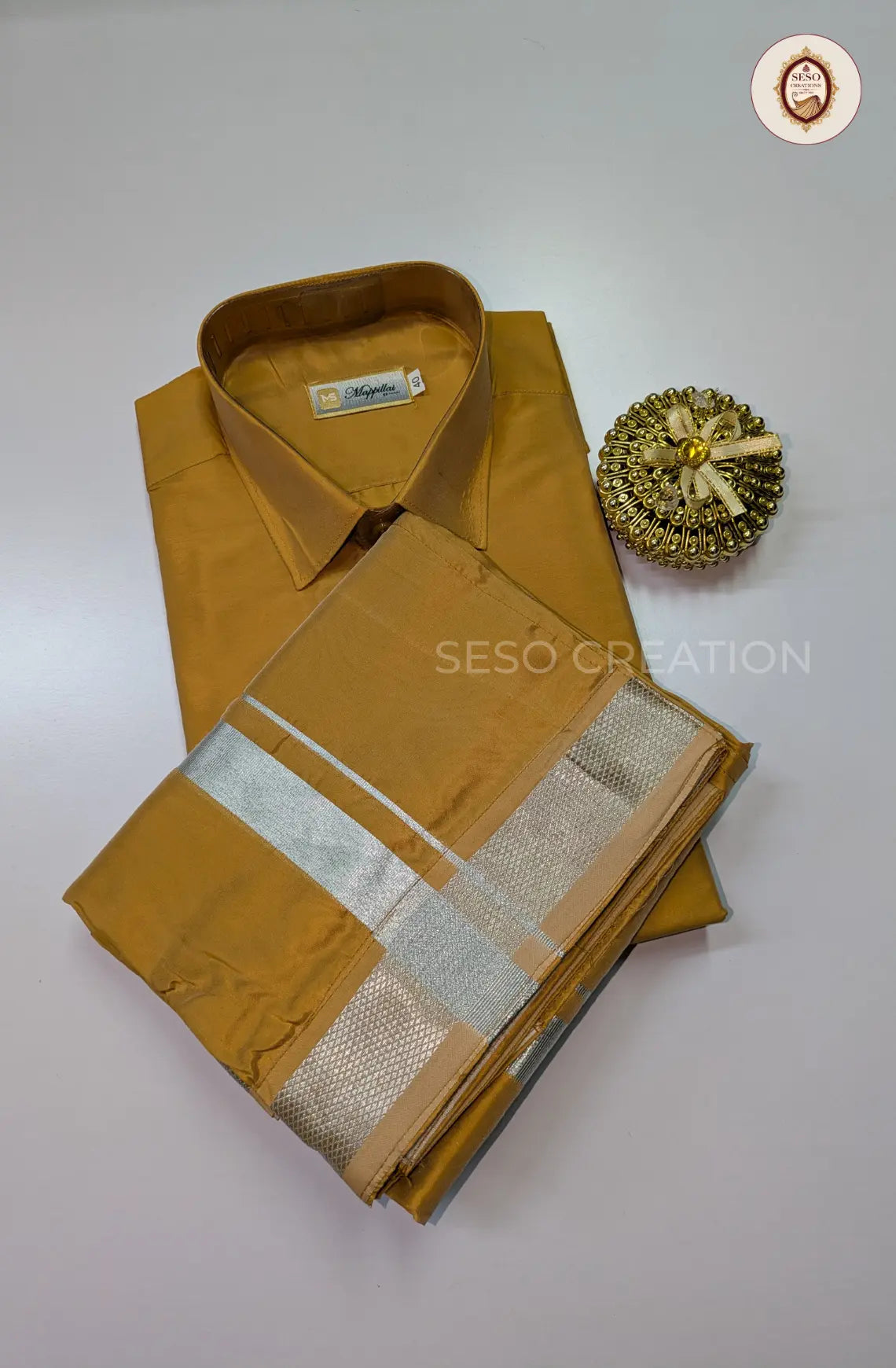 Premium Japan Silk Dhoti Set with Silver Zari - Gajal Gold