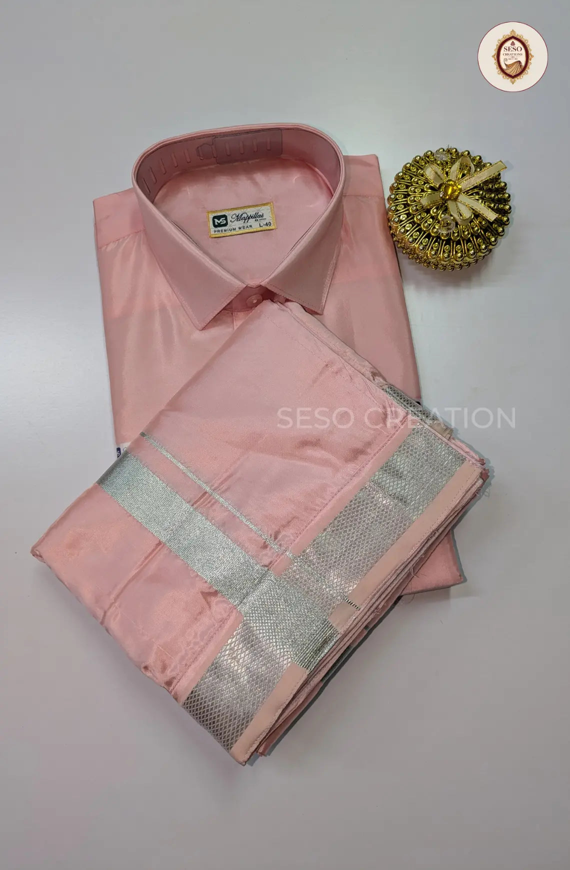 Premium Japan Silk Dhoti Set with Silver Zari - Pink