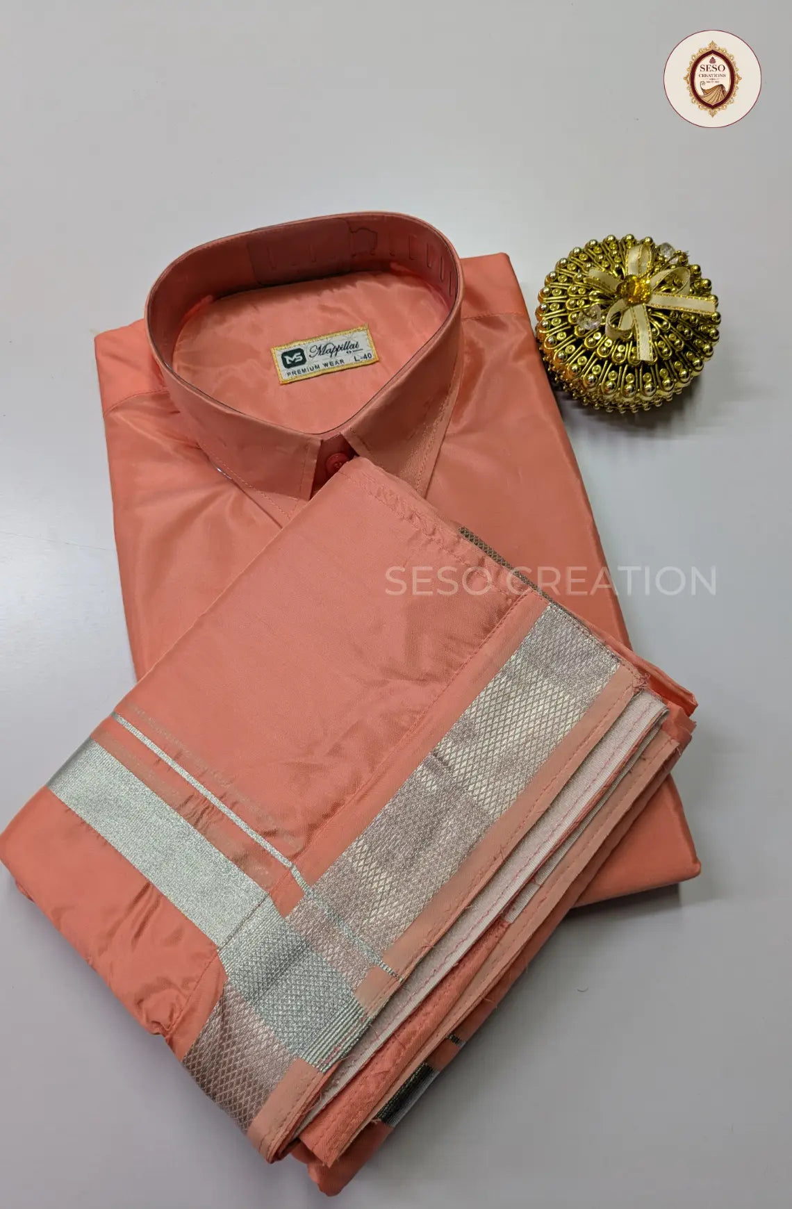 Premium Japan Silk Dhoti Set with Silver Zari - Pinkish Peach