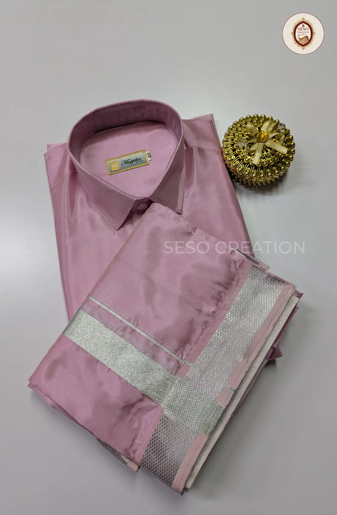 Premium Japan Silk Dhoti Set with Silver Zari - Rosy Pink