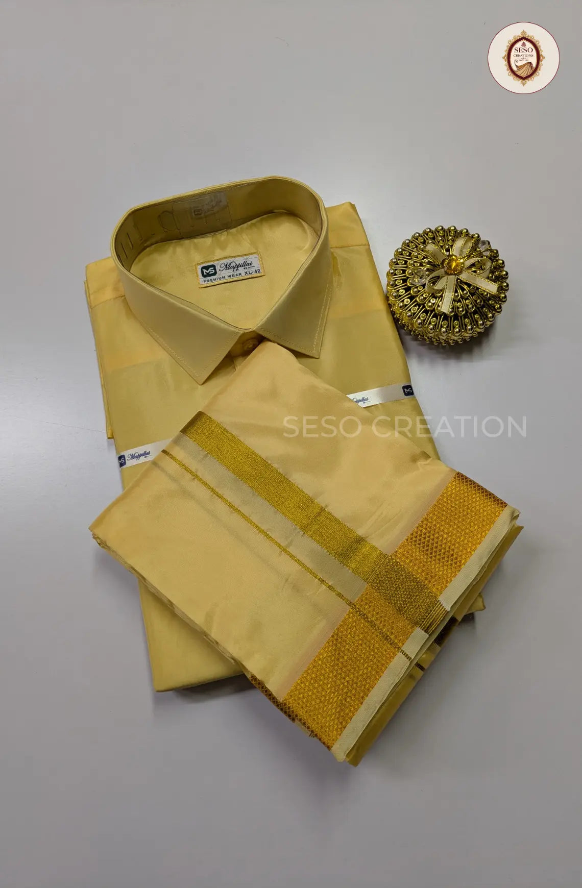Premium Japan Silk Dhoti Set with Gold Zari - Champagne