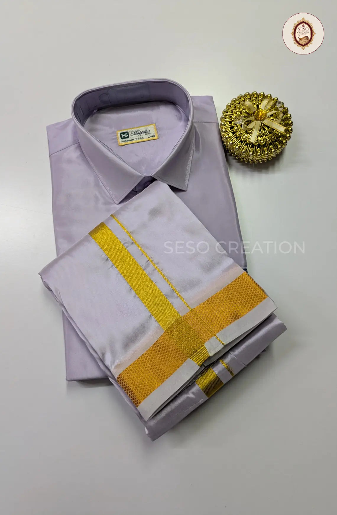 Premium Japan Silk Dhoti Set with Gold Zari - Lavender