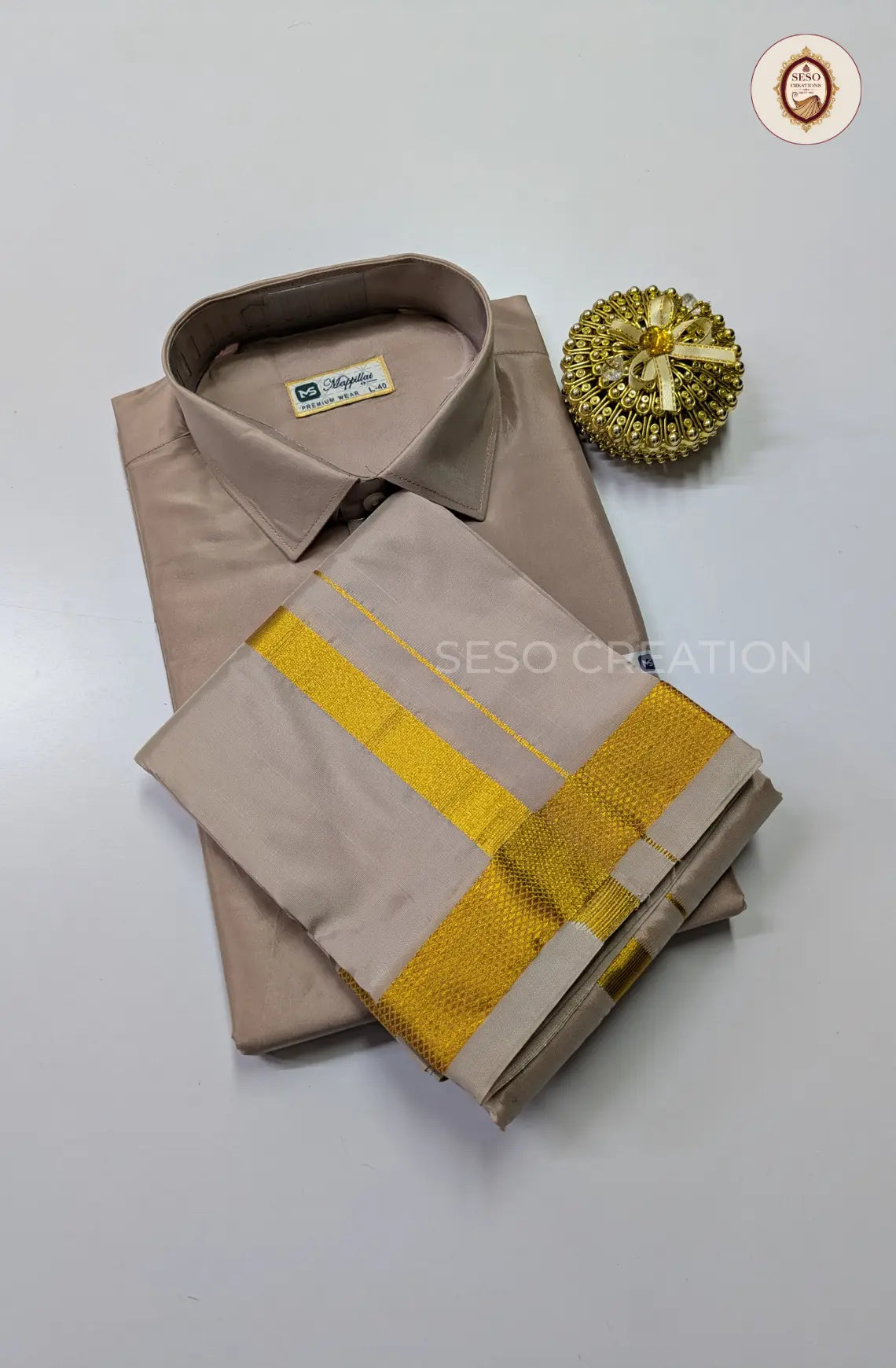 Premium Japan Silk Dhoti Set with Gold Zari - Sandstone