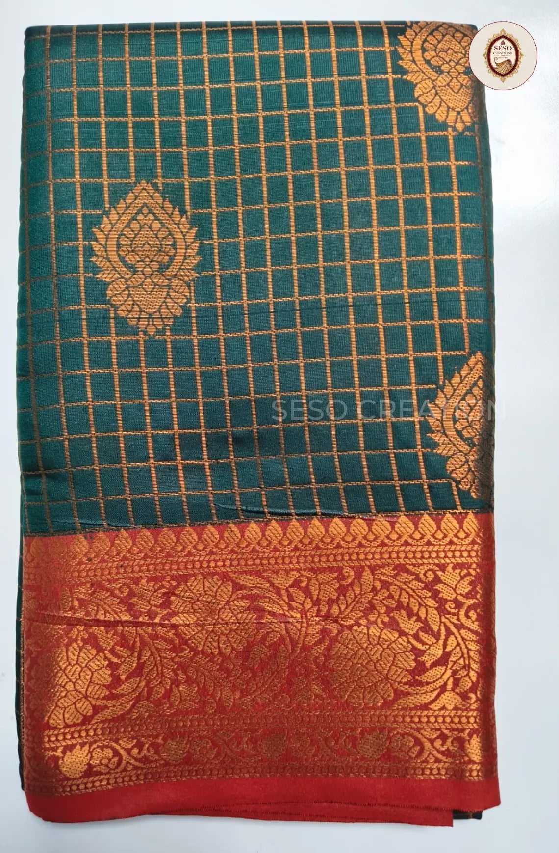 Semi Soft Silk Checked Saree  with Big Butta - Navy Blue