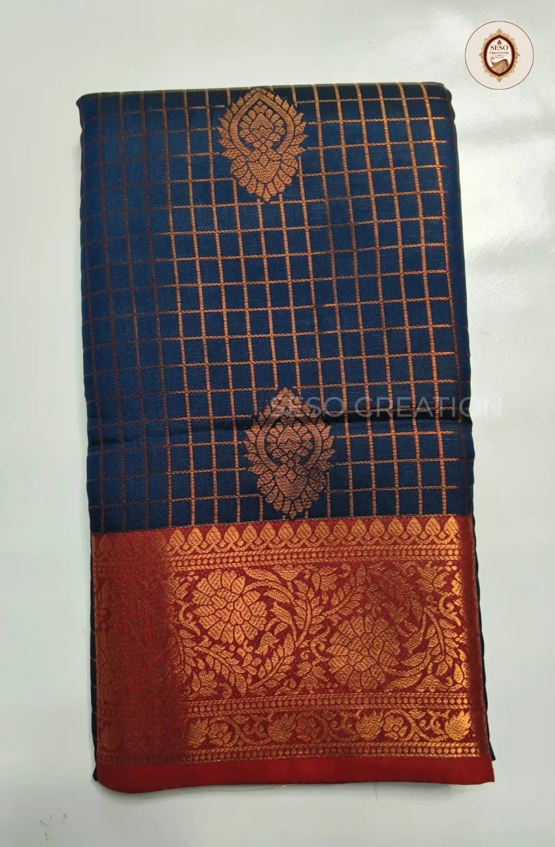 Semi Soft Silk Checked Saree  with Big Butta - Royal Blue