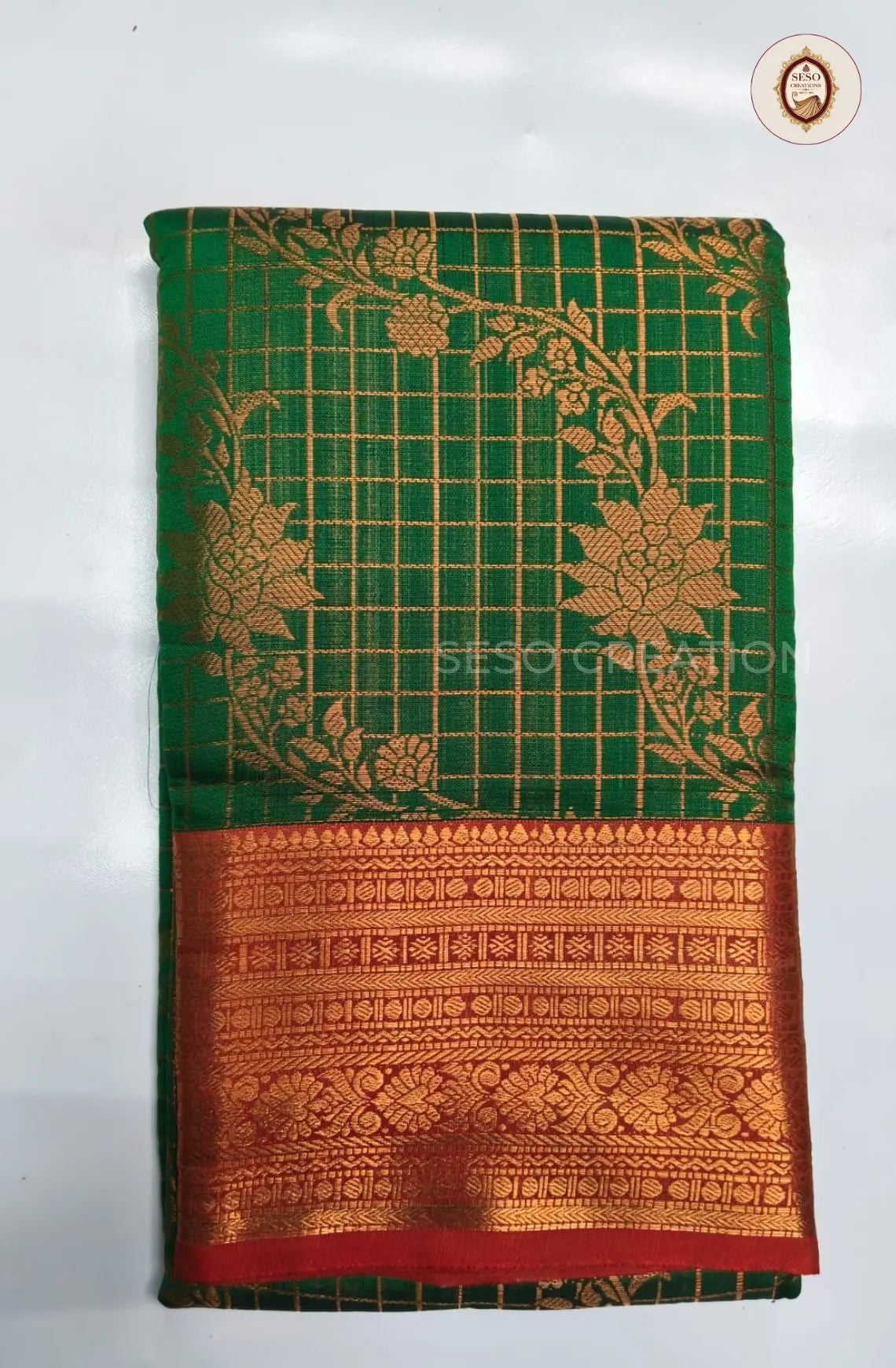Semi Soft Silk Checked Saree with Floral Butta - Green