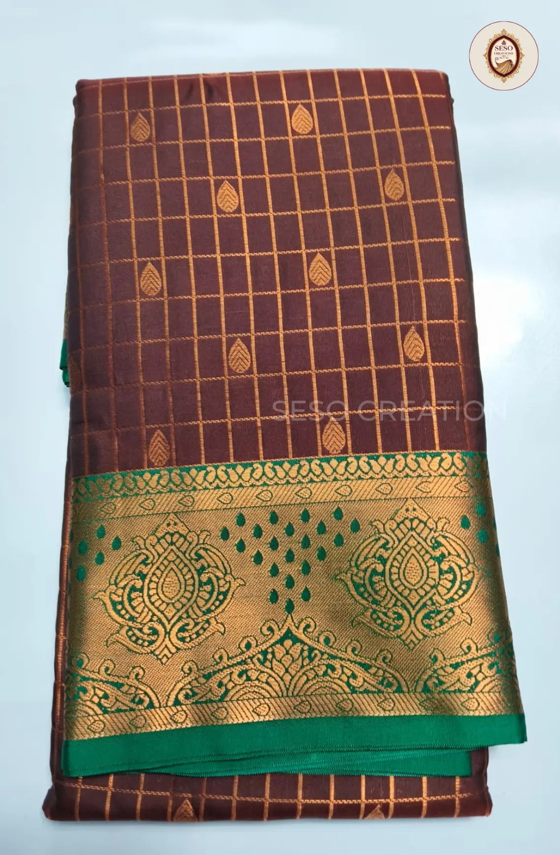 Semi Soft Silk Checked Saree with Small Butta - Brown