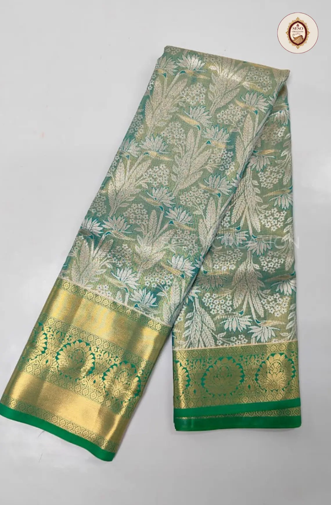 Semi Silk Tissue Saree - Greyish Green