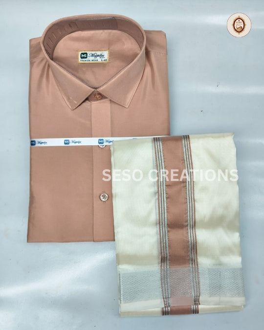 Premium Japan Silk Dhoti Set with color Border - Copper