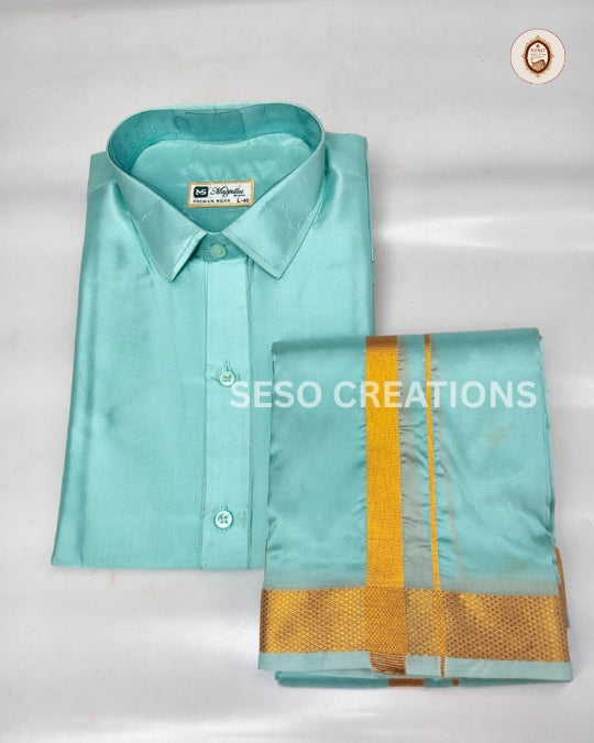 Premium Japan Silk Dhoti Set with Gold Zari - Aqua Blue
