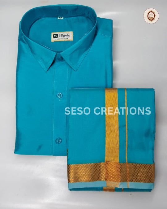 Premium Japan Silk Dhoti Set with Gold Zari - Peacock Blue
