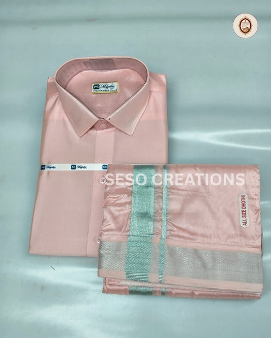 Premium Japan Silk Dhoti Set with Silver Zari - Pastel Pink