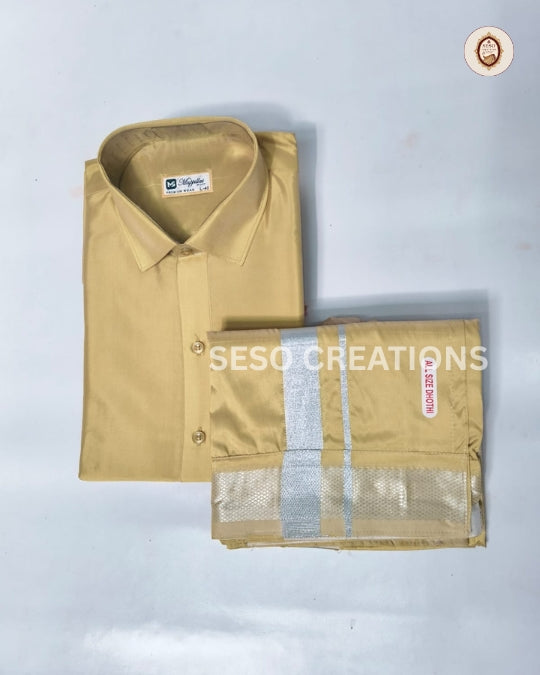 Premium Japan Silk Dhoti Set with Silver Zari - Honey gold