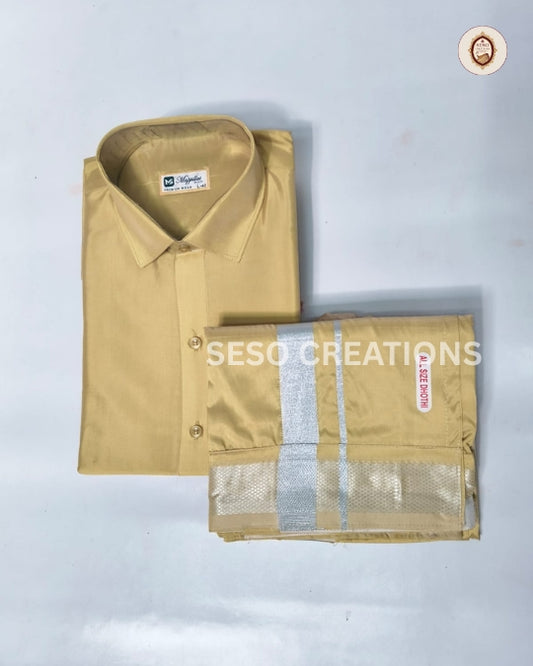 Premium Japan Silk Dhoti Set with Silver Zari - Honey gold