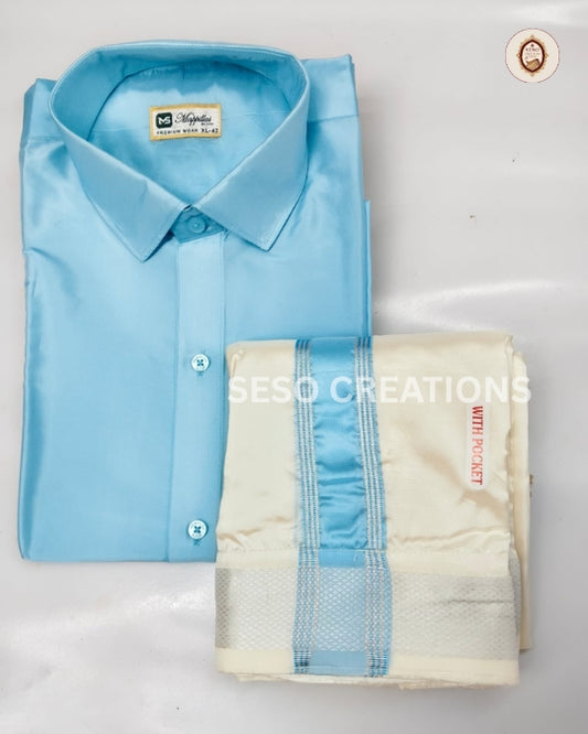 Premium Japan Silk Dhoti Set with color Border - Sky blue