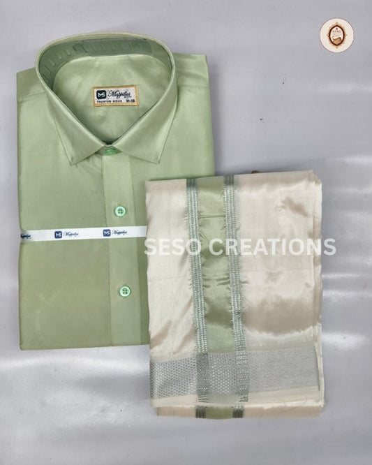 Premium Japan Silk Dhoti Set with color Border - Olive green