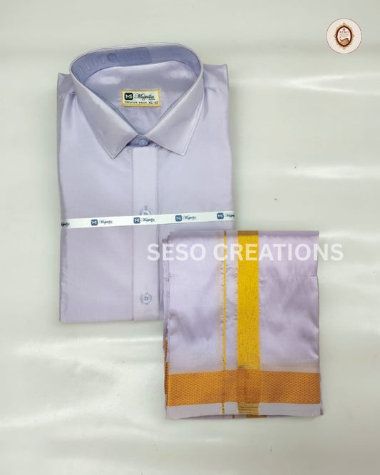 Premium Japan Silk Dhoti Set with Gold Zari - Light lavender
