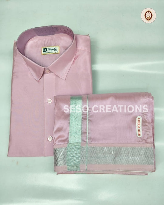 Premium Japan Silk Dhoti Set with Silver Zari - Baby Pink
