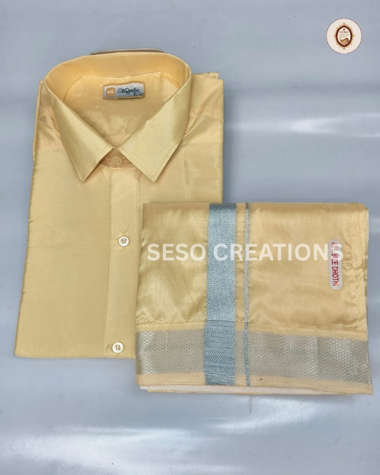 Premium Japan Silk Dhoti Set with Silver Zari - Sandle