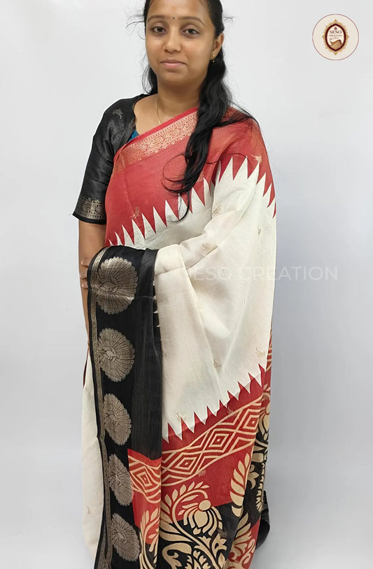 Aayeesha Soft Silk Saree - Off White with Black