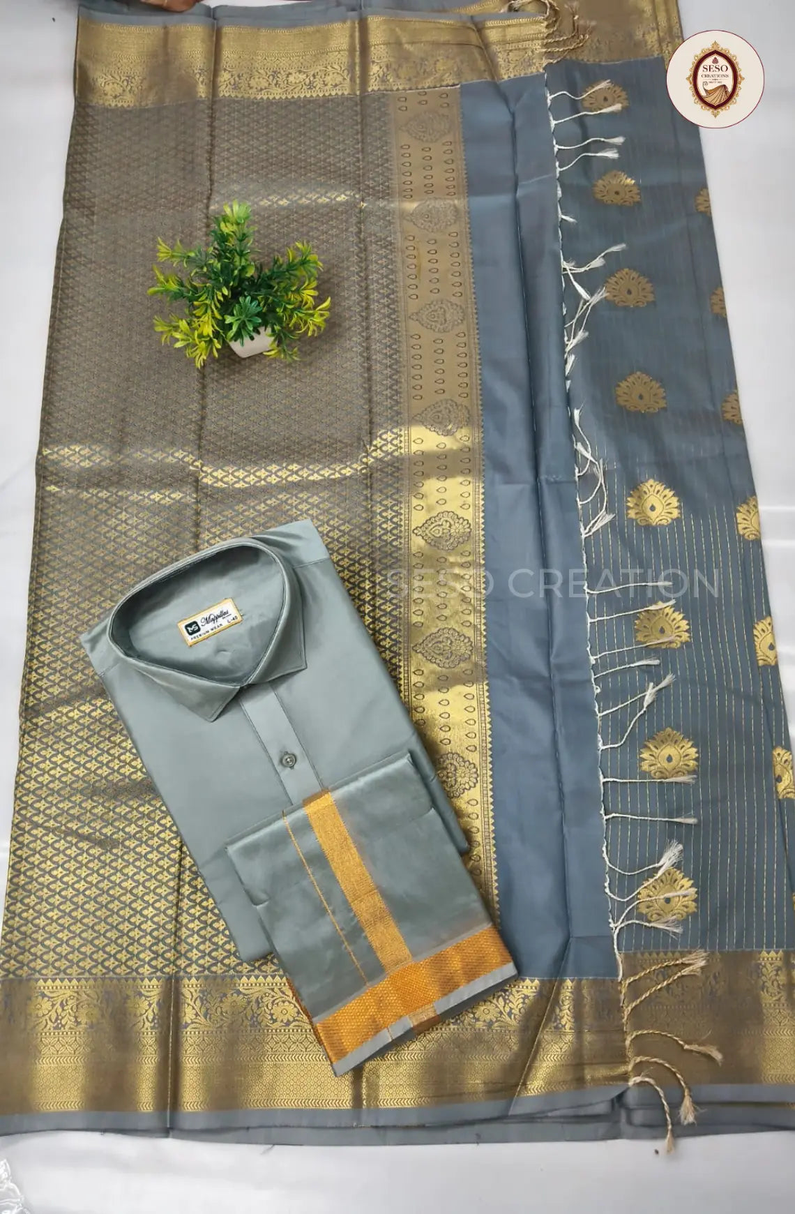 Premium Couple Combo Set with Gold Zari - Grey