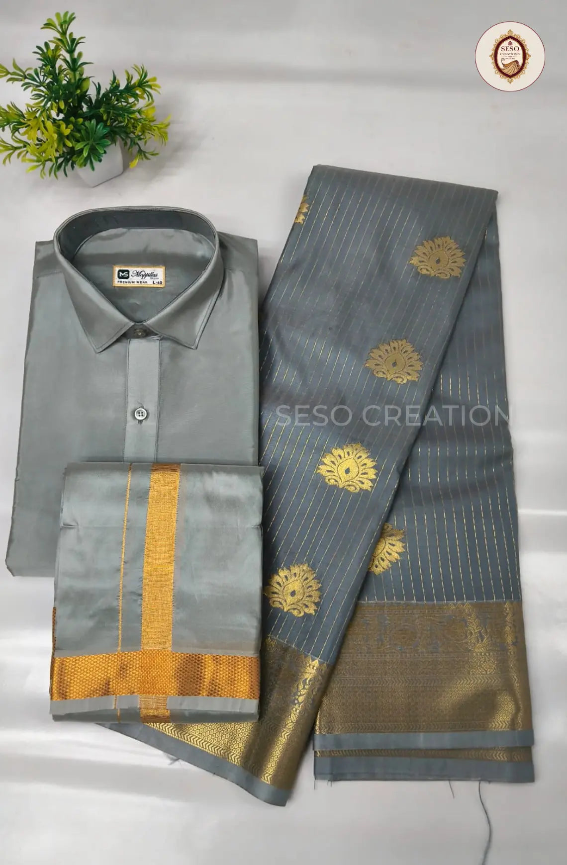 Premium Couple Combo Set with Gold Zari - Grey