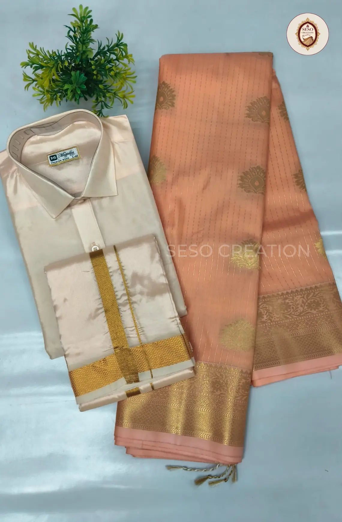 Premium Couple Combo Set with Gold Zari - Peach