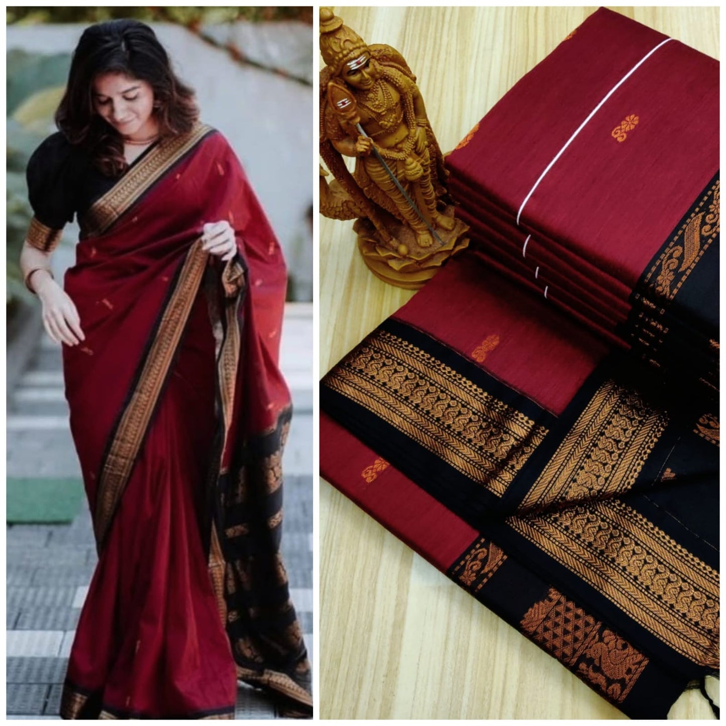 Kalyani Cotton - deep maroon - black border & pallu with gold zari work - Korvai border