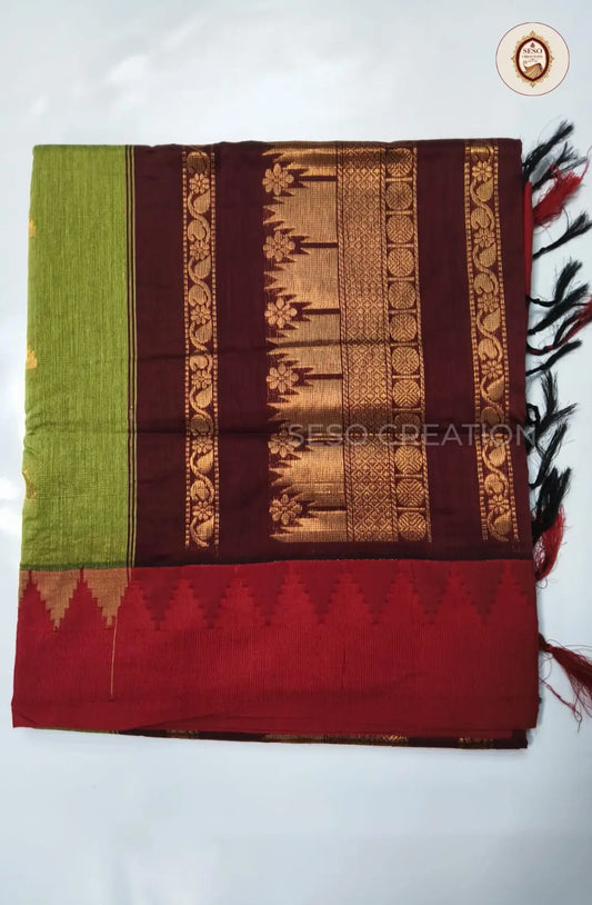 Premium Kalyani Cotton With Korvai Border - Parrot Green