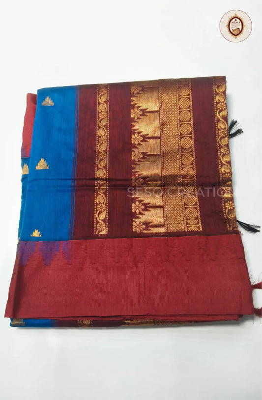 Premium Kalyani Cotton With Korvai Border - Royal Blue