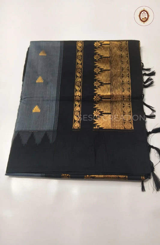 Premium Kalyani Cotton With Korvai Border - Steel Grey